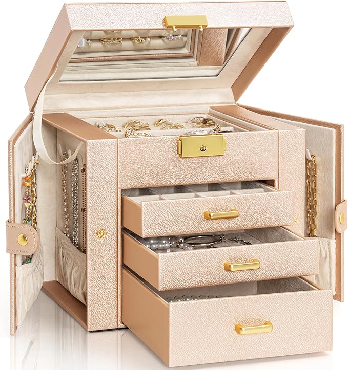 AKOZLIN 4-Tier Jewelry Box Leather Jewelry Storage Organizer with 3 Drawers Lockable for Women Girls Ring Necklace Earring Bracelet Holder with Mirror Champagne-CubbioJoy