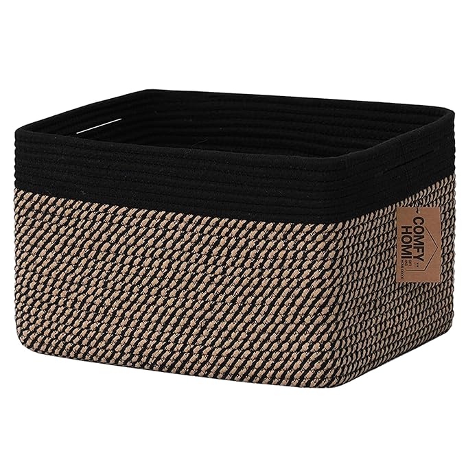 COMFY-HOMI Cotton Rope Woven Basket with Handles for Shelves,Toys,Book, Cloth Storage Baskets Bin for Organizing-13.5"x11"x9.5" Toy Decorative Organizer for Living Room, Bathroom-Black/Jute-CubbioJoy