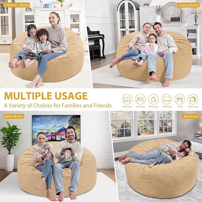 5FT Bean Bag Chair, Large Bean Bag Chairs with Memory Foam Filled, Fluffy Beanbag Sofa with Dutch Velvet Cover, Round BeanBag Chairs for Living Room, Playroom - Khaki-CubbioJoy