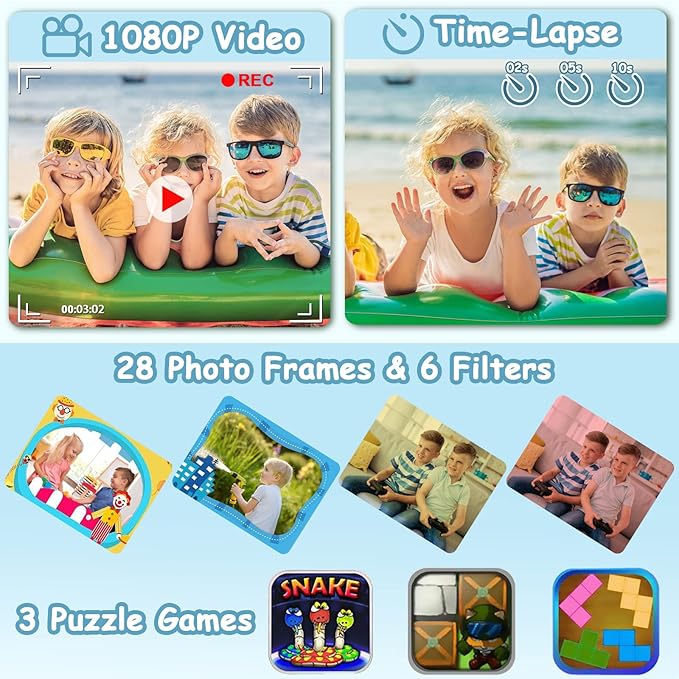 Agoigo Kids Waterproof Camera - Children Underwater HD Video Digital Camcorder, Portable Travel Toy for Toddler - Ideal Christmas Birthday Gifts for Boys Girls Age 3-12 with 32GB Card (Blue)-CubbioJoy