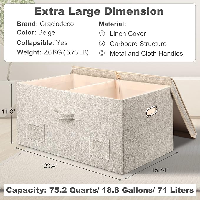 75 Quart Extra Large Decorative Collapsible Storage Bins with Lids, 1 Pack Beige Stackable Boxes-CubbioJoy