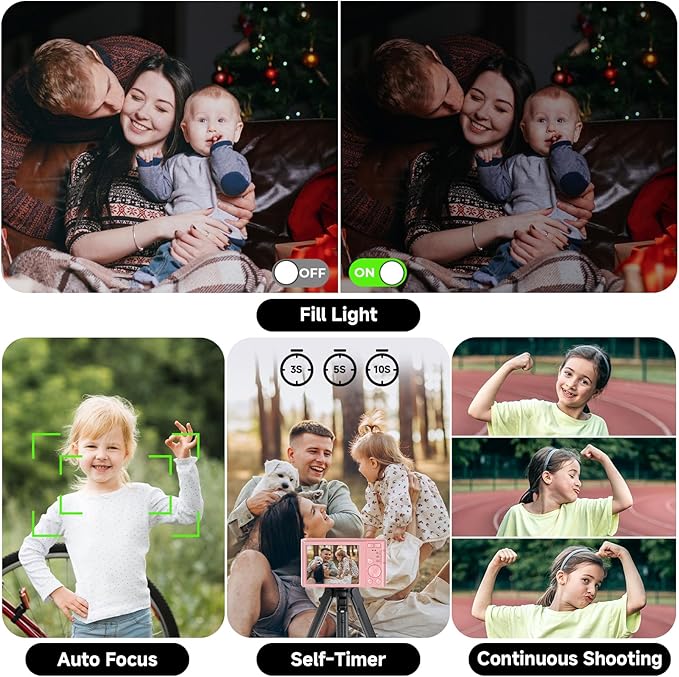 Digital Camera, FHD 4K 44MP Digital Camera, 16X Digital Zoom, Digital Point and Shoot Camera with 3-LED Fill Lights, 64GB SD Card, Compact Camera for Kids Teen Boys Girls, Pink-CubbioJoy