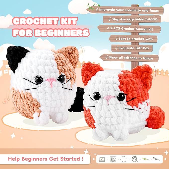 Cat Crochet Kit for Beginners-2PCS Calico Cats Crochet Kits for Adults Kids, Crochet Starter Kit with Step-by-Step Video Tutorials,Crochet Animal Kits Knitting Kit Learn to Crochet Kits-CubbioJoy