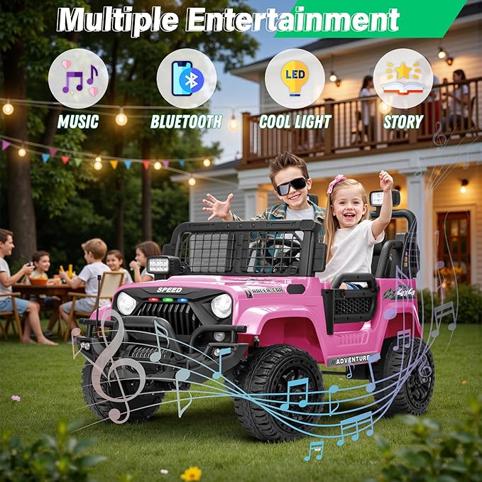 2 Seater Ride On Car Truck with Remote Control XL, Kids 24V Battery Powered Electric Vihicle w/21 in Seat, 3 Speeds, 2WD/4WD Switichable, Shock Absorbers,Bluetooth, Flower, Gift Choice-CubbioJoy