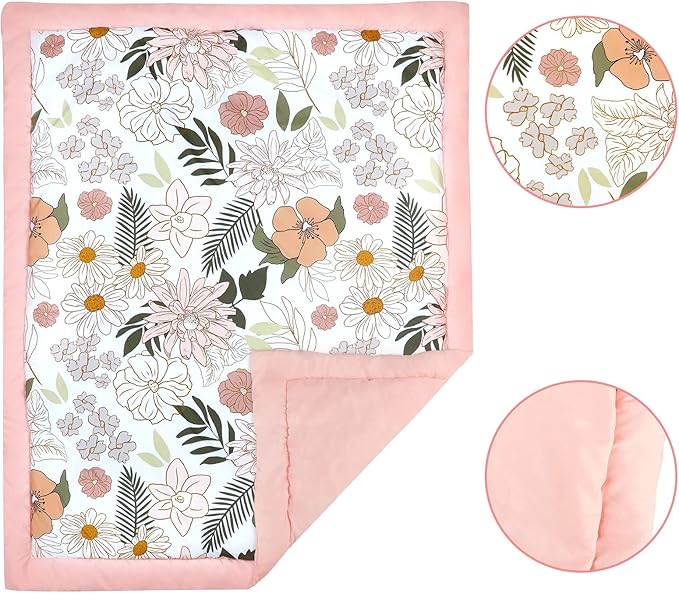 4-Piece Crib Bedding Set for Girls, Pink Baby Girl Bedding Set with Crib Skirt, Baby Quilt, Crib Sheet and Diaper Stacker, Daisy Flower-CubbioJoy