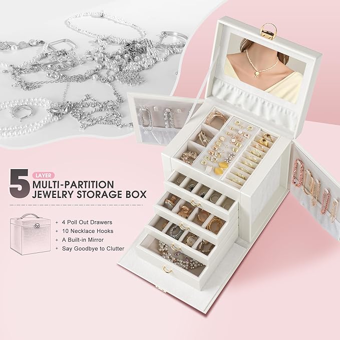5-Layer Jewelry Box with 4 Drawers, Huge Portable Jewelry Organizer with Lock and Mirror for Women, for Necklace Ring Earring Bracelet Storage, Lockable Jewelry Case, White-CubbioJoy