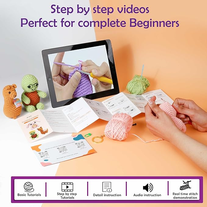 A-URA Learn to Crochet Kit for Beginners Kids and Adults, Premium 3 Animal Pattern Large Size Beginner Crochet Kits with Easy Tube Yarn & Step-by-Step Video Tutorials (Safari Friends–Larger Plushies)-CubbioJoy