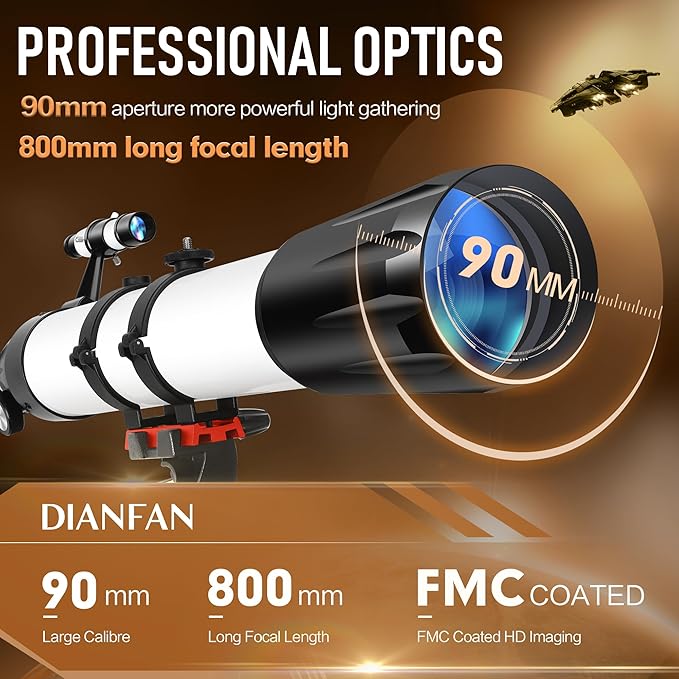 Dianfan Telescope,90mm Aperture 800mm Telescopes for Adults Astronomy,Portable Professional Refractor Telescope for Beginners,with Stainless Tripod & Phone Adapter,Carry Bag-CubbioJoy
