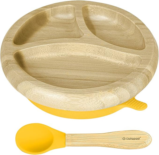 Abiie Octopod Bamboo Dish - Kids Plates for 4 months and up, 3-Compartment Baby Plates with Suction, Round Bamboo Baby Plate, Mess-Free Toddler Suction Plates, Baby Feeding Supplies, 7.5 x 7.5 x 1.9in-CubbioJoy