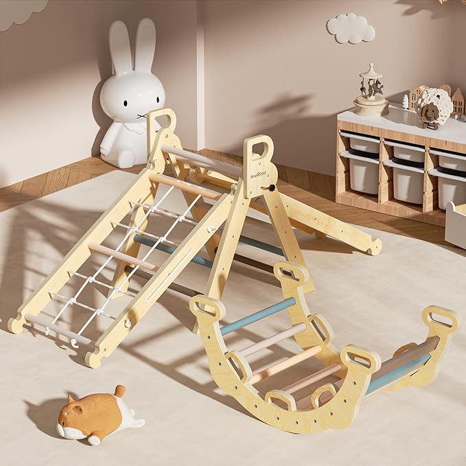 BlueWood 2025 8-in-1 Pikler Triangle Climbing Set Toddler Toys Indoor Baby Jungle Gym Climber Playground for Kids - Mauve Pink-CubbioJoy