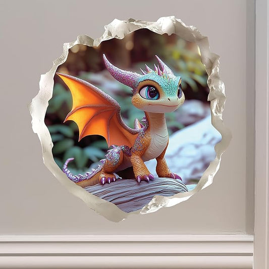 Baby Dragon 3D Wall Decal – Cute Fantasy Sticker with Torn Wall Effect – 4.7W x 4.5H inches-CubbioJoy