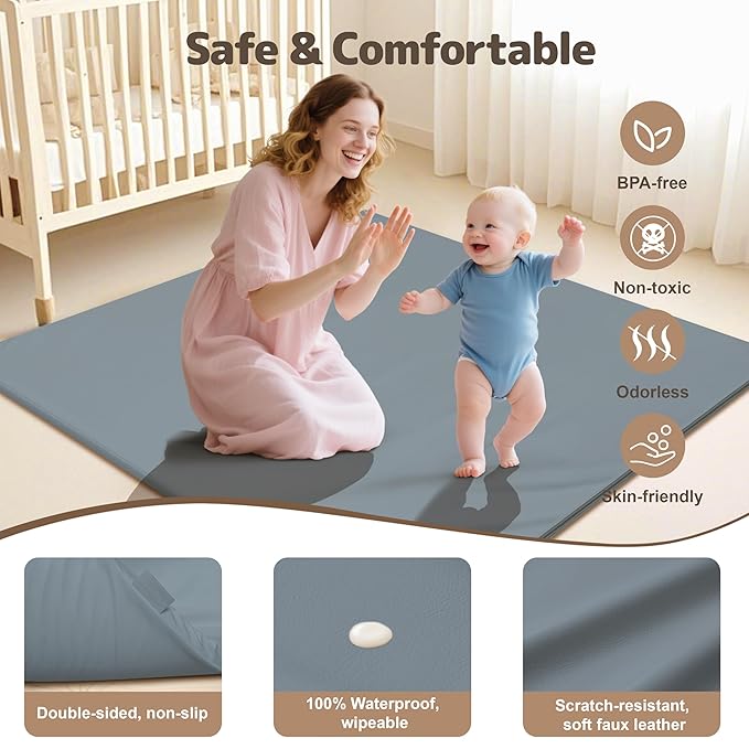 Baby Play Mat 47x47 Inches, Extra Thick 1.2" Foam Floor Mat for Tummy Time & Crawling, Waterproof Non-Slip Faux Leather Playpen Mat for Infants Toddlers, Indoor Outdoor Gym Activity, Blue-CubbioJoy
