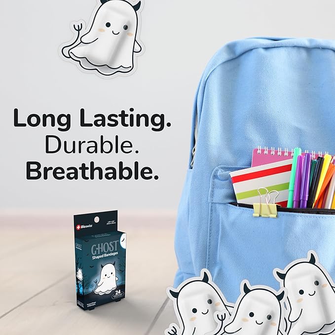 BioSwiss Bandages, Halloween Ghost Shaped Self Adhesive Bandage, Latex Free Sterile Wound Care, Fun First Aid Kit Supplies for Kids, 24 Count-CubbioJoy