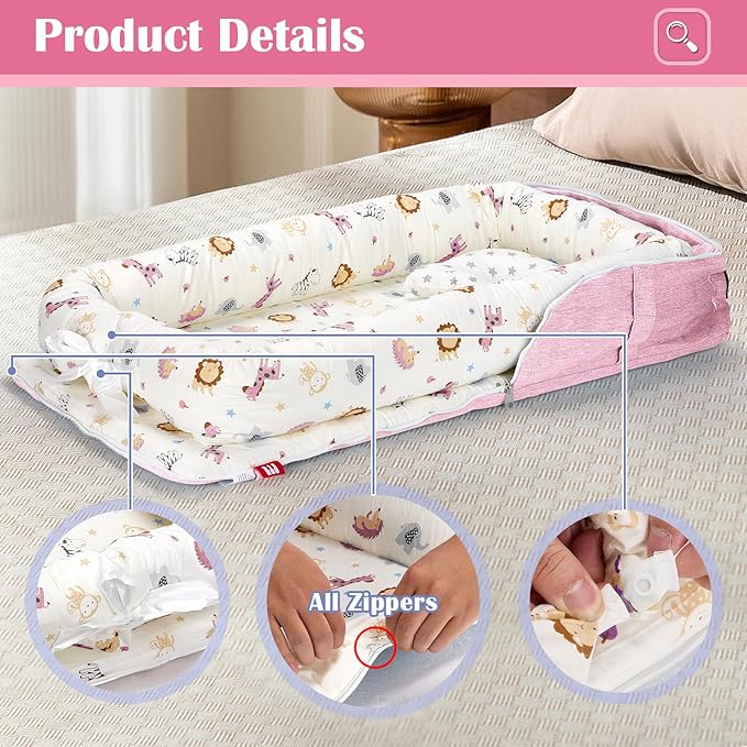 Baby Lounger for Tummy Time Portable,Baby Play mat with Strap,Newborn Lounger Inner Zipper for Boys Girls 0-24 Months,Animal World Pink-CubbioJoy