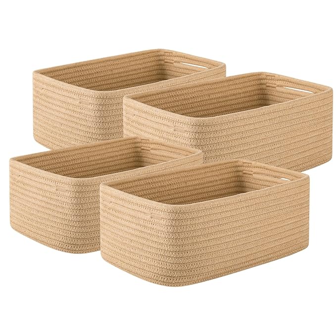 4 Pack Small Storage Shelf Baskets for Organizing, Mini Woven Rope Storage Bins for Towels, Cute Decorative Closet Organizer，Baby Nursery, Gift Empty Baskets -11.81''Lx7.87''Wx4.72''H-Jute-CubbioJoy