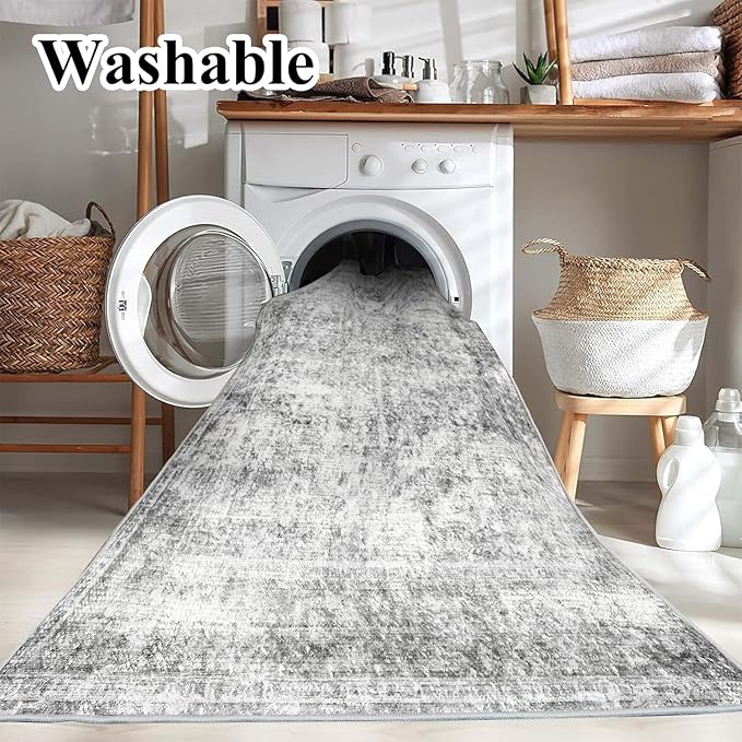 Area Rug 8x10 Washable Rug Gray Vintage Traditional Mat Distressed Indoor Foldable Thin Retro Accent Floral Non Slip Carpet Living Room Dining Room Office-CubbioJoy