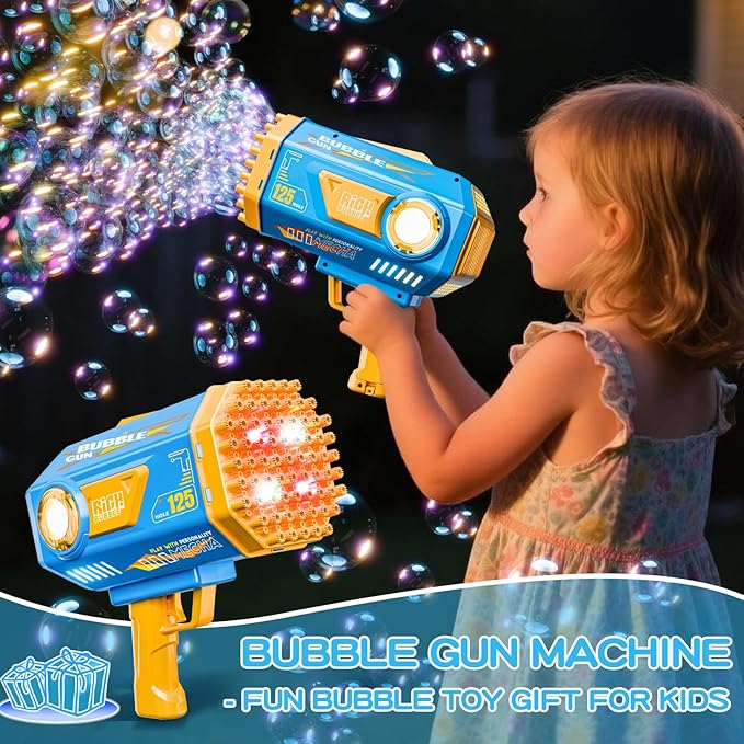 Bubble Gun, 125 Holes Bubble Machine with Lights, Bubble Guns for Kids Ages 4-8 Year Old, Big Bubble Gun Blaster for Wedding, Halloween Outdoor Toy Birthday Bubble Maker Party Favors (Blue)-CubbioJoy