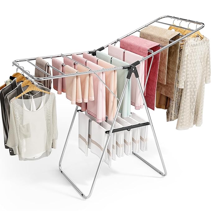 APEXCHASER Clothes Drying Rack, Drying Rack Clothing with Height-Adjustable, Foldable Gullwings Laundry Rack, Indoor Outdoor Use, No Assembly,Black-CubbioJoy