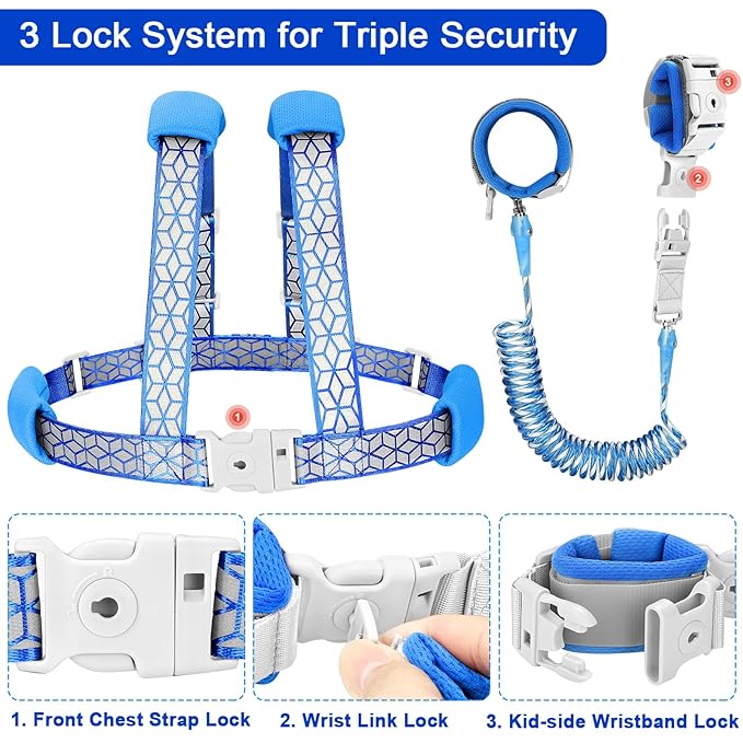 Accmor 3 in1 Toddler Harness Leash, Reflective Kid Harness with Anti Lost Wrist Link, Harness Leash for Toddlers, Child Walking Harness Kids Leash Wristband Rope Belt with Lock for Baby Boys Girls-CubbioJoy