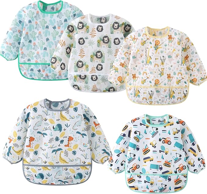 5 Pack Long Sleeve Bib,Baby Toddler Waterproof Sleeved Bib for 6-30 Months Reusable with Catch-all Pocket-CubbioJoy