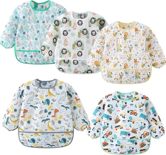 5 Pack Long Sleeve Bib,Baby Toddler Waterproof Sleeved Bib for 6-30 Months Reusable with Catch-all Pocket-CubbioJoy