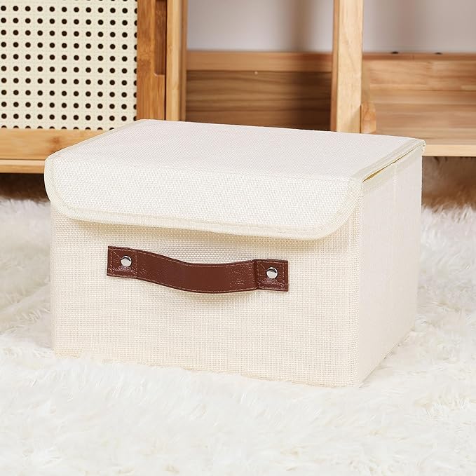 ANMINY 4PCS Storage Bins with Lid PU Leather Handles Storage Boxes PP Plastic Board Decorative Foldable Lidded Cotton Linen Fabric Home Cubes Baskets Closet Organizer Containers - Beige, Small Size-CubbioJoy
