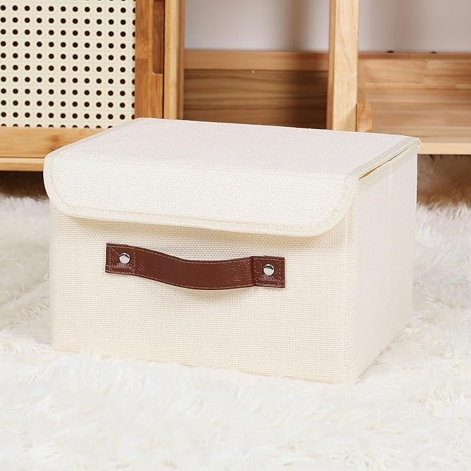 ANMINY Storage Bin with Lid Storage Boxes with PU Leather Handles PP Plastic Board Decorative Foldable Lidded Cotton Linen Fabric Home Cubes Baskets Closet Organizer Container - Beige, Small Size-CubbioJoy