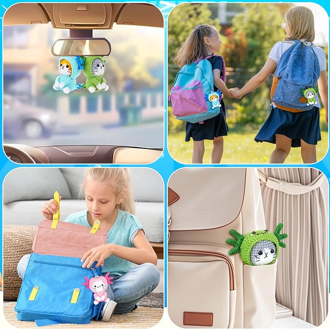 Crochet Kit for Beginners - 3 PCS Axolotl Cat Crochet Kits with Step-by-Step Video Tutorials, Beginner Crochet Kit for Adults, Crochet Cat Dressed as Axolotl Set (Blue & Green & Pink)-CubbioJoy