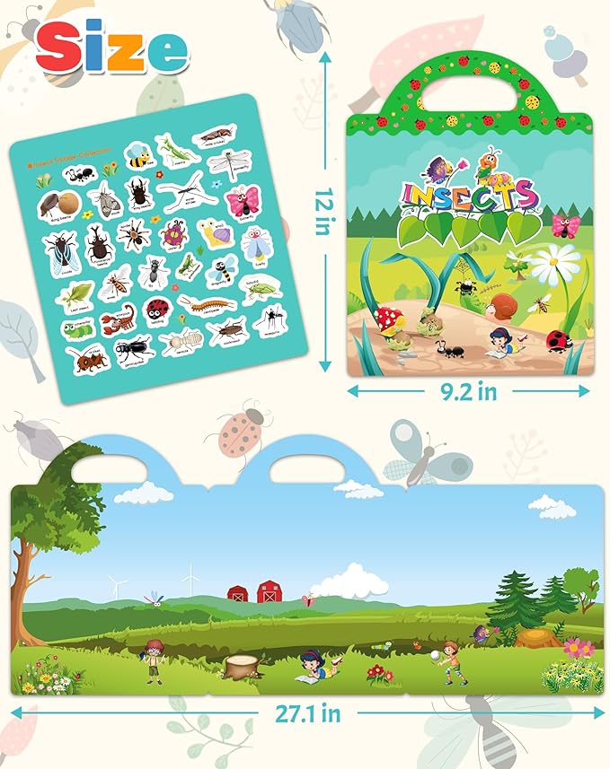 Benresive Reusable Sticker Book for Toddlers 2-4 Years, Fun Travel Stickers for Kids, Waterproof Sticker Books for Toddlers 1-3, Crafts Activities for Todddlers 1-3 2-4 3-5 - Insect-CubbioJoy