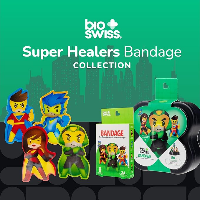 BioSwiss Bandages, Super Healers Superhero Shaped Self Adhesive Bandage, Latex Free Sterile Wound Care, Fun First Aid Kit Supplies for Kids and Adults, 24 Count-CubbioJoy