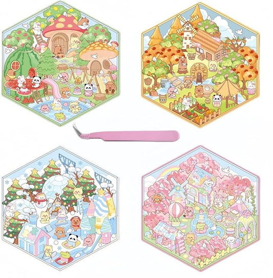 4 Sets DIY 3D House Stickers - Four Seasons Theme: Create Your Own Cute Cartoon Miniature Scene Sticker Art Kit for Kids & Adults, Stress Relief (Spring Summer Autumn Winter Theme)-CubbioJoy