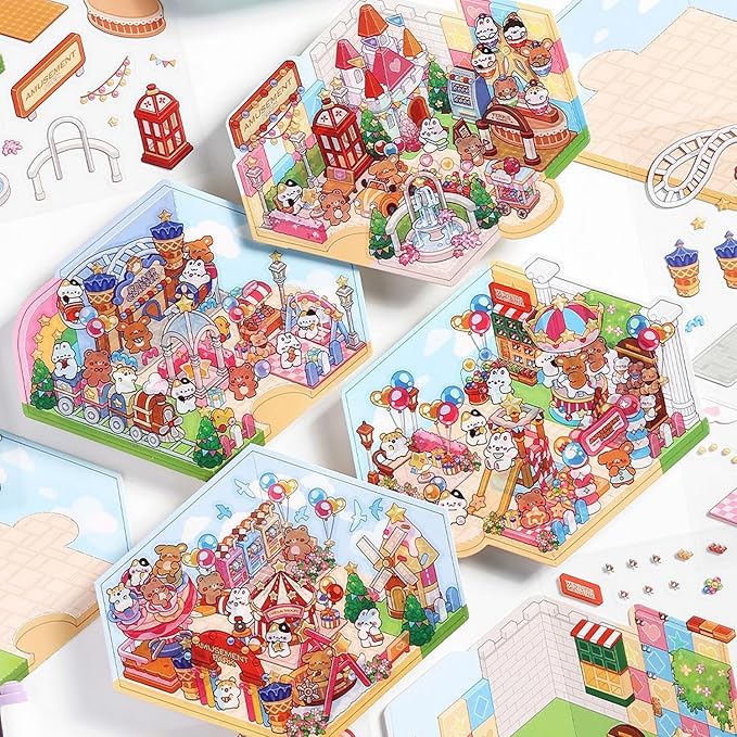 DIY 3D House Stickers, Cute 3D Cartoon Scene for Adult Kids Relief Stress Pass The Time,Cute Make Your Own House Stickers for Gifts Paint by Sticker.(4 Set)-CubbioJoy