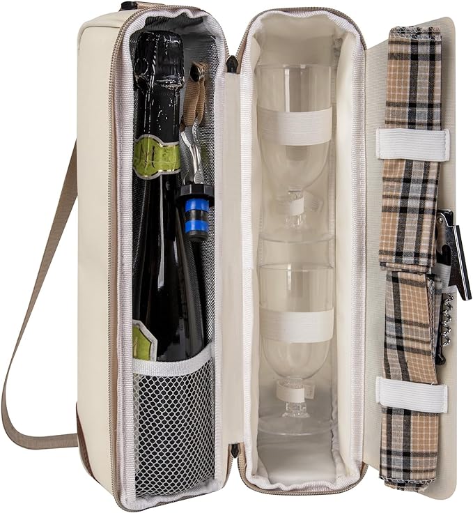 ALLCAMP Wine Tote Bag with Cooler Compartment，Picnic Set Carrying Two Sets of Tableware（Cream-Colored）-CubbioJoy