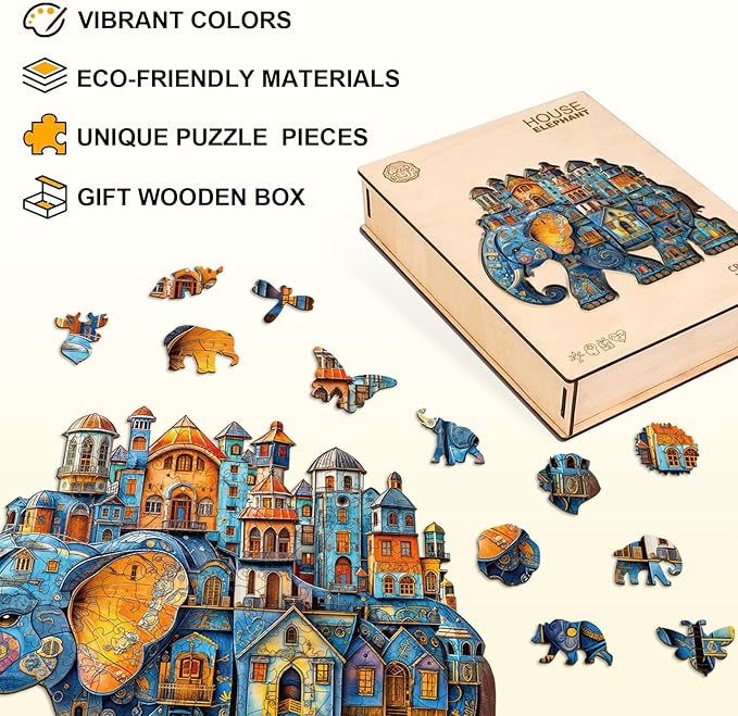 Jigfoxy Wooden Puzzles for Adults, Elephant House Wood Puzzles Adult, Unique Animal Shape Wooden Jigsaw Puzzles for Adults, Birthday Gifts for Puzzle Lovers, Family, Friend (S-8.5 * 7.4in-100pcs)-CubbioJoy