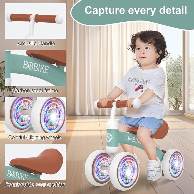 Baby Balance Bike Toys for 12-36 Months Kids Toy Boy and Girls Gifts Toddler Best First Birthday Gift Children Walker No Pedal Infant 4 Wheels Bicycle (Colorful, Green-Light)-CubbioJoy