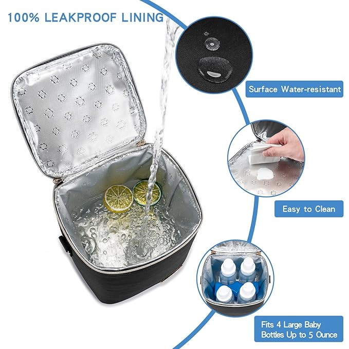 Insulated Bottle Bag with Ice Pack Fits 4 Large Baby Bottles Up to 5 Ounce, Cooler Bag Great for Nursing Mom Daycare-Black-CubbioJoy