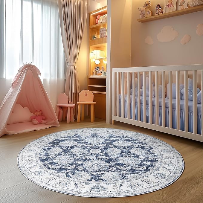 jinchan Round Rug 6ft Area Rugs Vintage Floral Distressed Design - Machine Washable Non-Slip Low-Pile Ultra-Thin Circle Rug for Entryway Bedside Living Room Dining Room Bedroom (6' Round,Dark Blue)-CubbioJoy