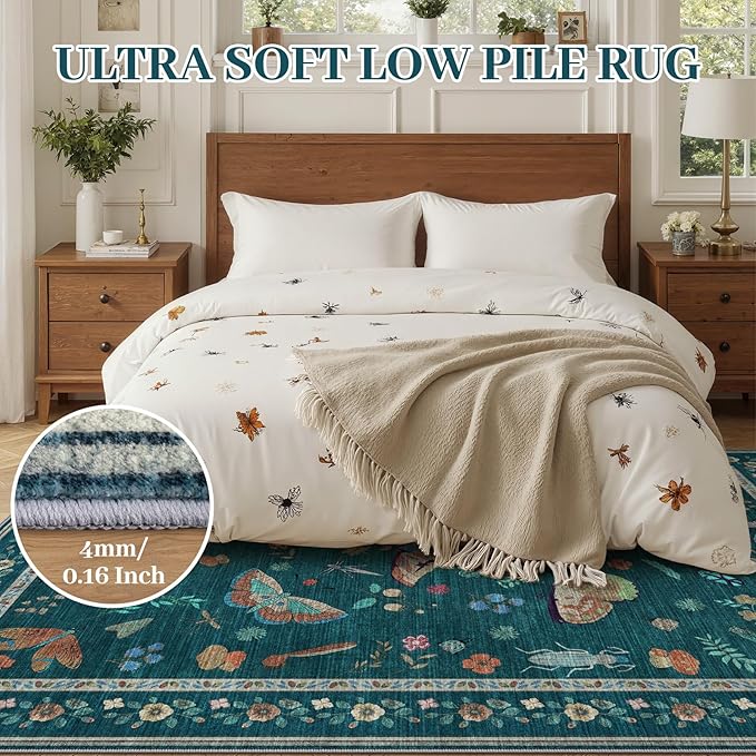 5x7 Washable Area Rug with Insect Print - Bug Rug Non-Shedding Stain Resistant Soft Carpet for Bedroom, Low Pile Ultra-Thin Machine Washable Carpet for Dining Room, Kids Nursery, Office (5'x7' Teal)-CubbioJoy