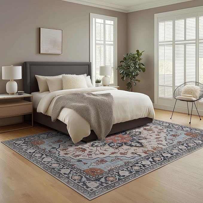 9x12 Area Rug Living Room Rugs, Stain Resistant Washable Rug, Vintage Large Non-Slip Backing, Low Pile Lightweight Print Rug for Bedroom Dinning Room Home Office (Blue/Gray)-CubbioJoy