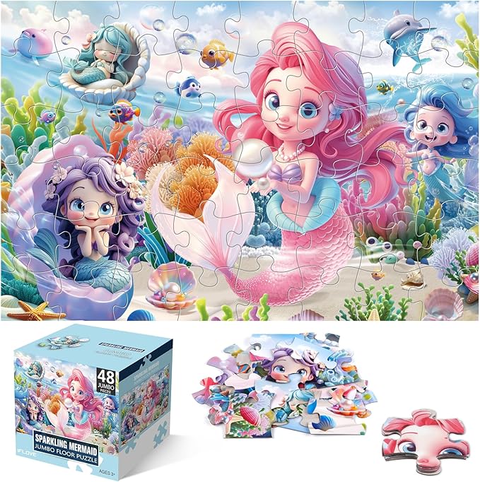 Jumbo Floor Puzzle for Toddlers & Kids Ages 3-5, 48-Piece Mermaid and Underwater Large Jigsaw Puzzle with Educational Fun, Great Gift for Boys & Girls Ages 4-8-CubbioJoy