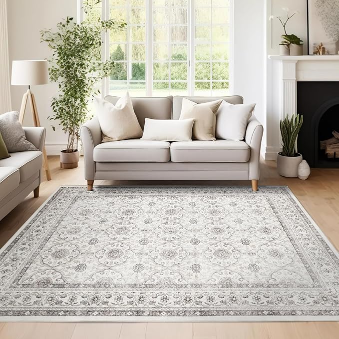 jinchan Floral Area Rugs 4x6 - Machine Washable Vintage Distressed Boho Design Throw Rug Stain Resistant Carpet Low Pile Ultra-Thin Non-Slip for Bedroom Living Room Dining Room Kitchen (4‘x6',Beige)-CubbioJoy