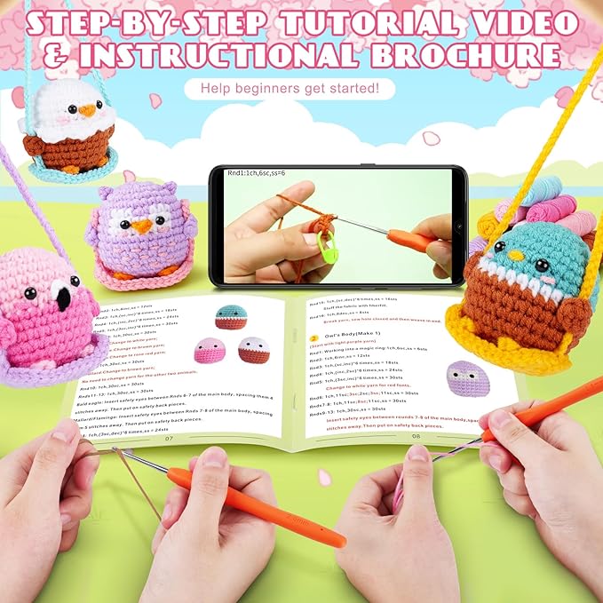 Crochet Kit for Beginners -4 PCS Bird Crochet Kits with Step-by-Step Video Tutorials, Beginner Crochet Kit for Adults and Kids, Crochet Birds On The Swings(Mallard Bald Eagle Flamingo Owl)-CubbioJoy