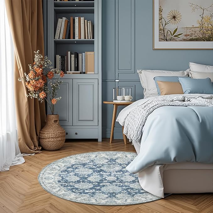 jinchan Round Rug 4ft Area Rug - Indoor Vintage Hallway Circle 4' Washable - Ultra-Thin Low Pile Soft Small Non Slip Distressed Floral Print for Living Room Dining Room Bedroom Entryway Dark Blue-CubbioJoy
