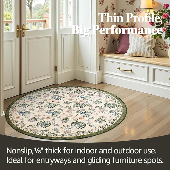 jinchan 4ft Floral Round Rug for Entryway Washable Kitchen Rug Vintage Romance Design Non Slip Indoor Doormat Lightweight Low-Profile Throw Carpet for Living Room Dining Room Bedroom, Green/Beige-CubbioJoy