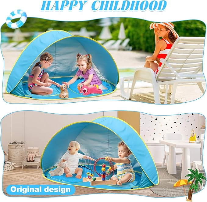 Baby Beach Tent-2 Pools Pop Up UPF 50+ Sunshade with Carry Bag, Portable for Travel,Beach,Camping,Indoor-CubbioJoy