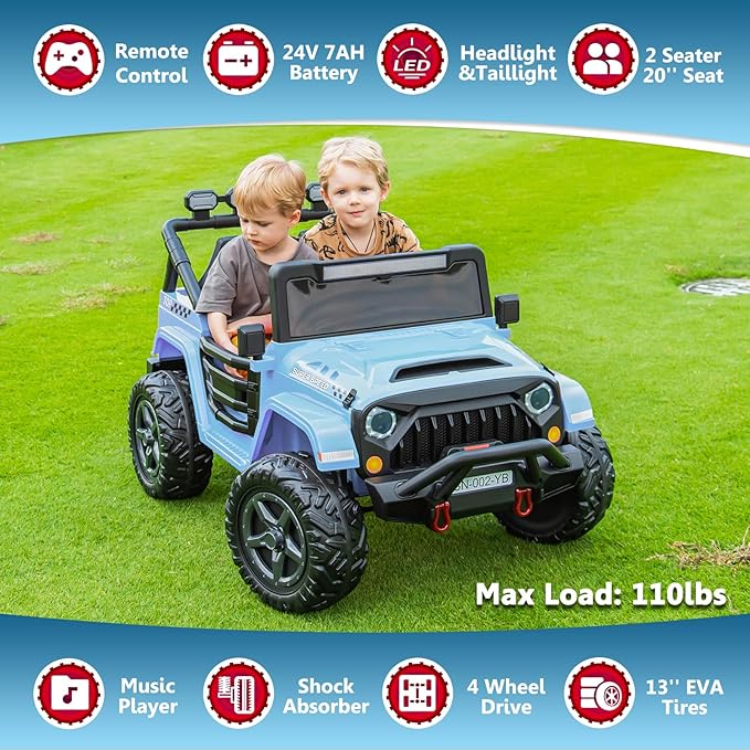 24V 2 Seater Ride On Truck with Remote Control 4WD Electric Car for Kids Ride On Car Battery Powered Ride On Toy Car with Music Player, LED Lights, Bluetooth, Rear Shock Absorber, Gray Blue-CubbioJoy