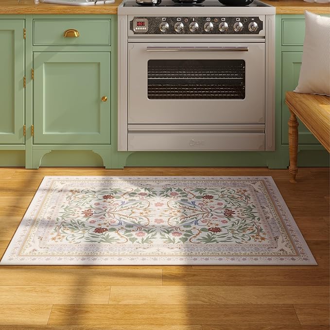 Door Mat Indoor Entrance 2x3 Rug Machine Washable Vintage Floral Botanical Small Area Rug Non-Slip Low Pile Throw Rugs for Entryway, Kitchen, Front Door Entrance, Entry, Kids Room, Beige-CubbioJoy