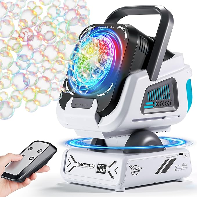 2025 Upgraded Bubble Machine with Remote Control, Automatic Rotation & RGB Lights, 1800mAh Rechargeable Battery, Type-C Charge, Bubble Maker for Kids, Weddings, Birthday Parties, Outdoor Activities-CubbioJoy