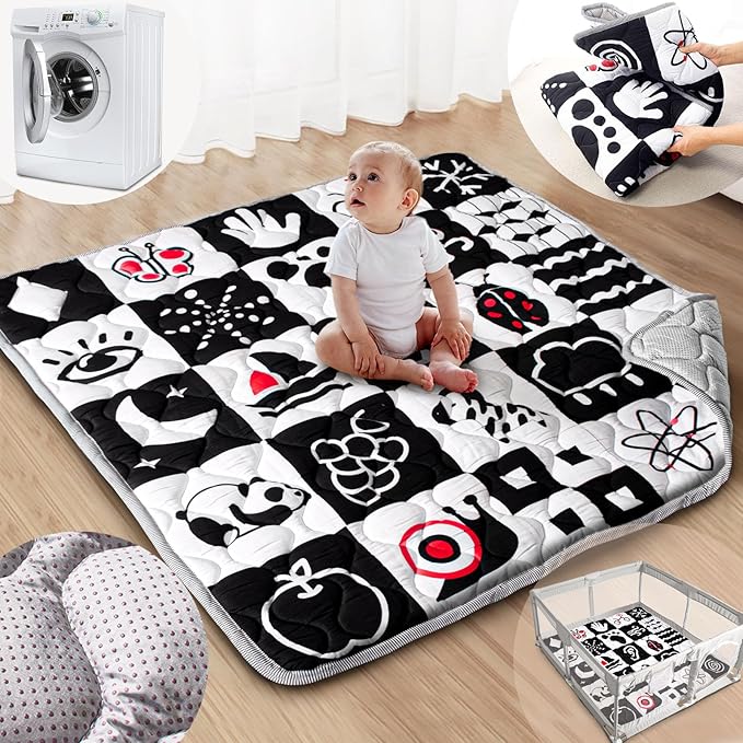 Baby Play Mats for Floor, Upgraded Thick Soft 50x50 Playpen Mat, Anti-Slip Bottom, Foldable and Machine Washable Playmat for Babies and Toddlers Infants(High Contrast)-CubbioJoy