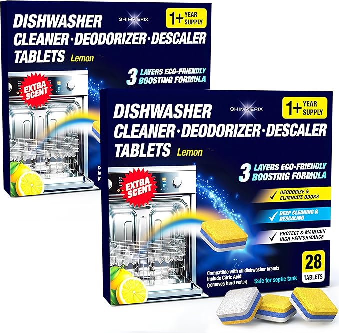 Dishwasher Cleaner Deodorizer Descaler Tablets - 56 Tabs - 1 Plus Year Supply - Extra Scented Deep Cleaning Sanitizer Pods - Remove Hard Water - Contain Citric Acid Heavy Duty Septic Safe - Lemon-CubbioJoy